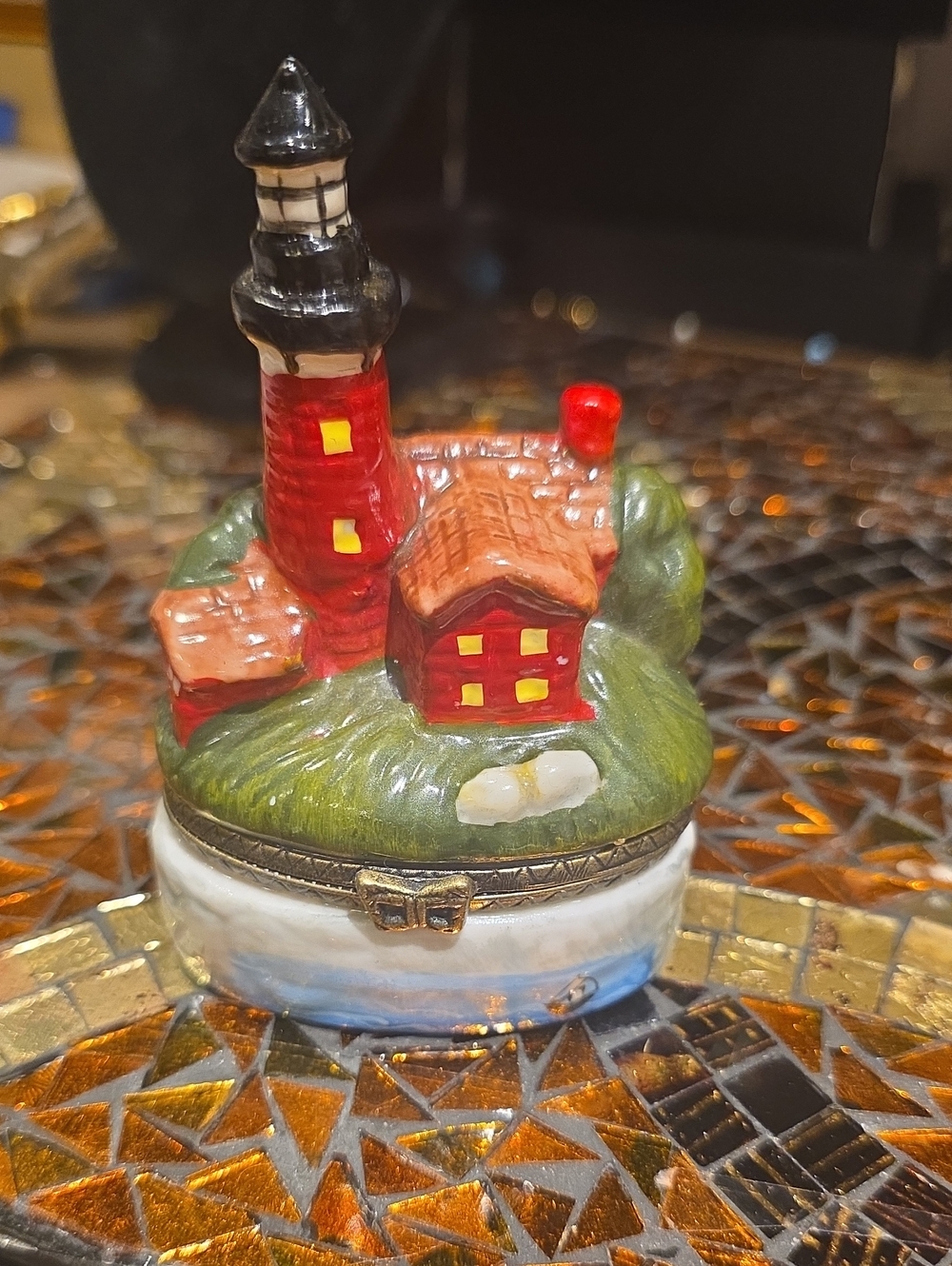 Vintage Red and Black Lighthouse Trinket Box